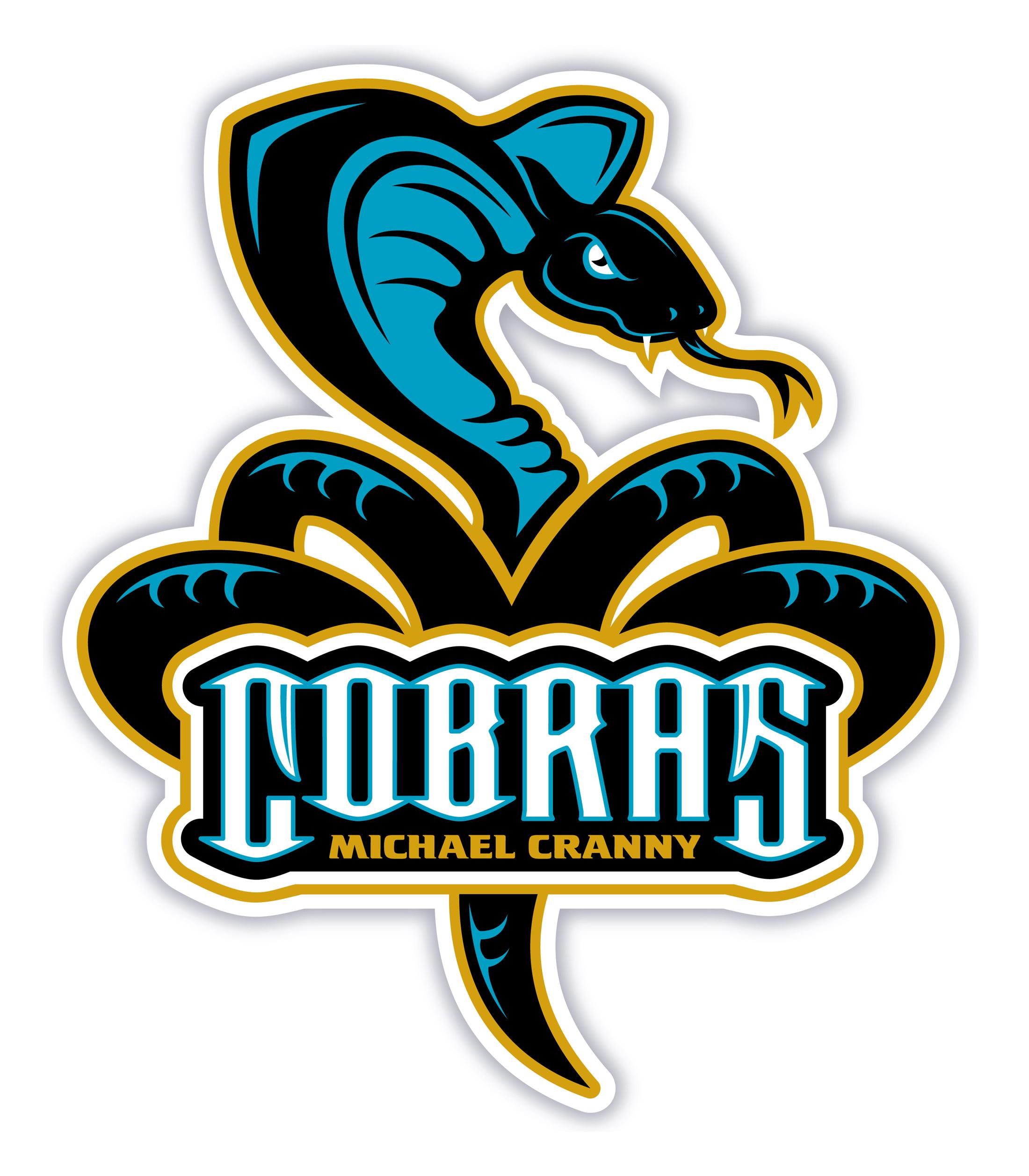 School logo, image of a blue and black cobra, with word cobras in large font. Beneath it text reads Michael Cranny